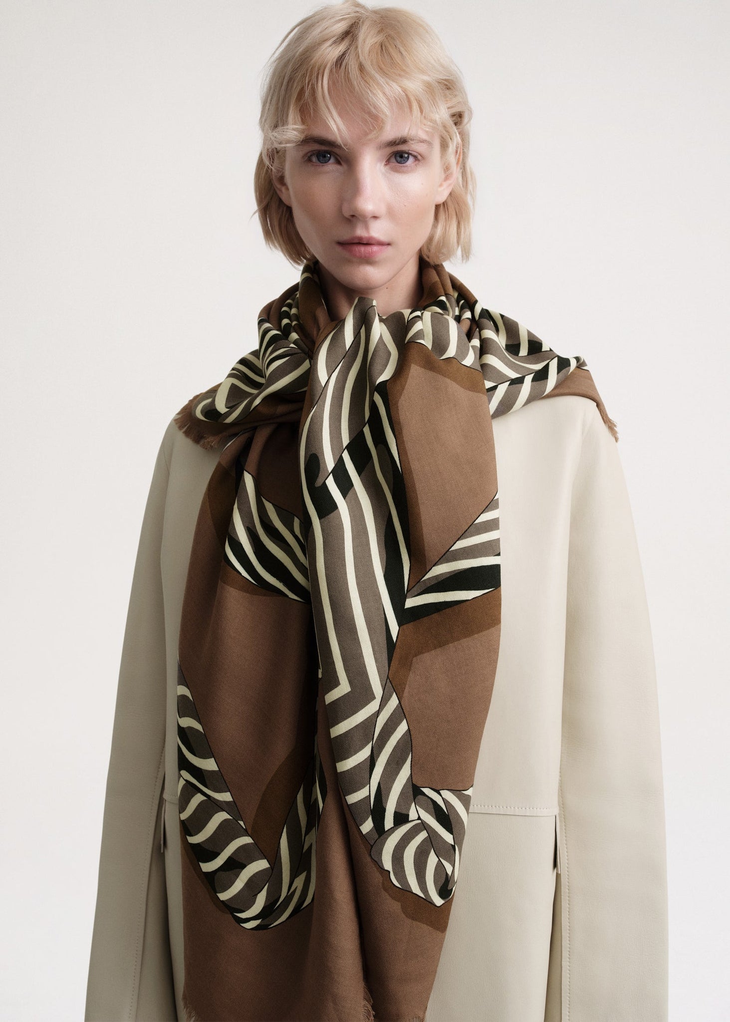 Knotted monogram wool silk blanket scarf brown