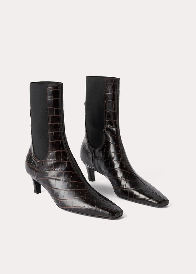 The Mid Heel Leather Boot dark brown croco