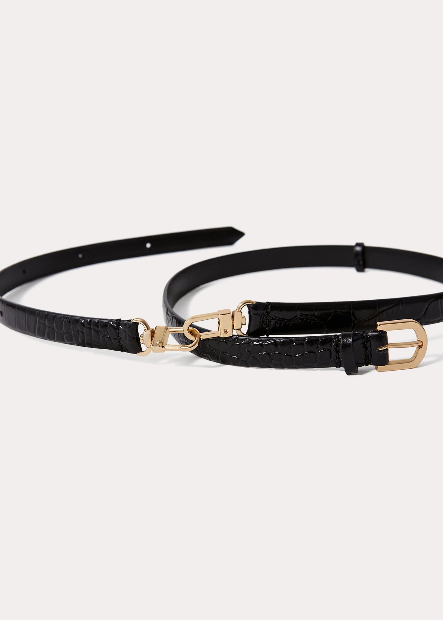 Double clasp leather belt black croco